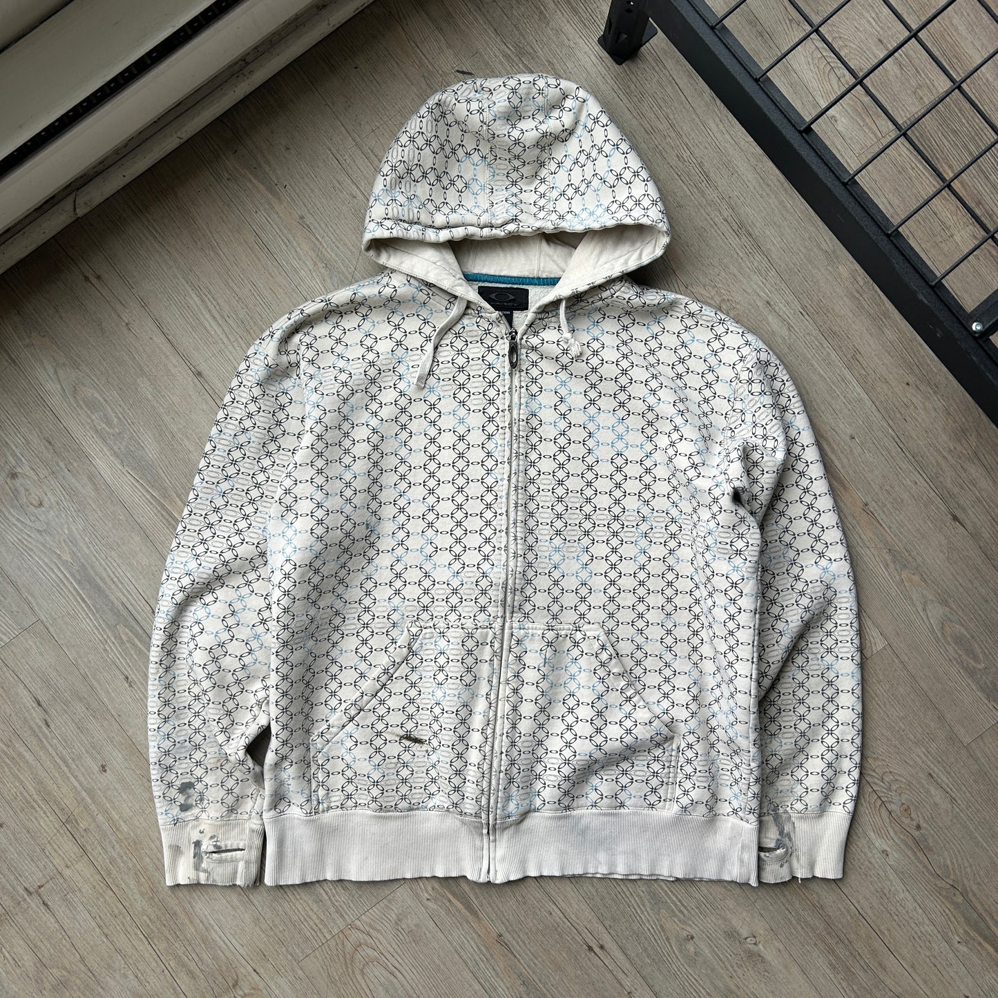 OAKLEY | Geometric Logo Thrashed Zip Up Hoodie Sweater sz XL