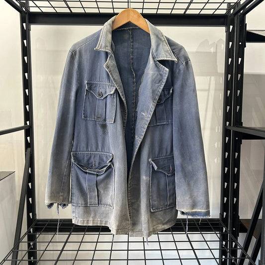 VINTAGE 1940s | French Bleu De Travail Lapel Faded Thrashed Work Jacket sz 42