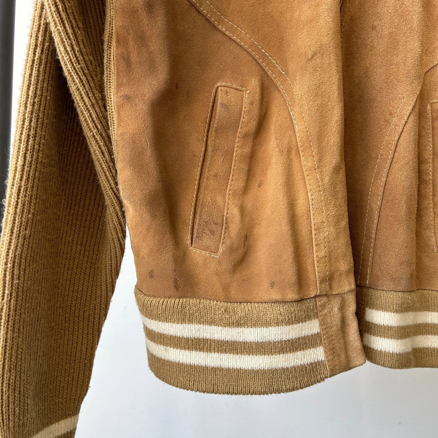 VINTAGE | 1440 Tan Suede Leather Knit Varsity Bomber Jacket sz S/M