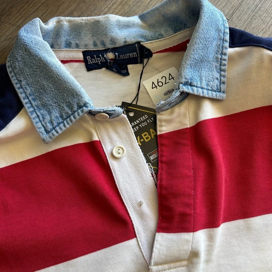 VINTAGE 90s | Ralph Lauren USA Flag Hi-Tech Striped Rugby Polo Sport Shirt sz L