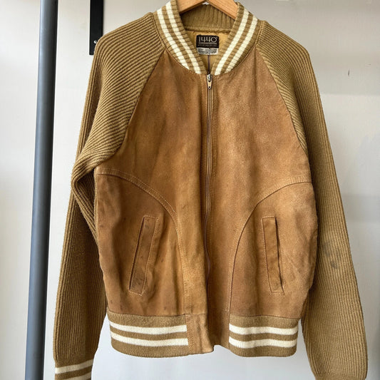 VINTAGE | 1440 Tan Suede Leather Knit Varsity Bomber Jacket sz S/M