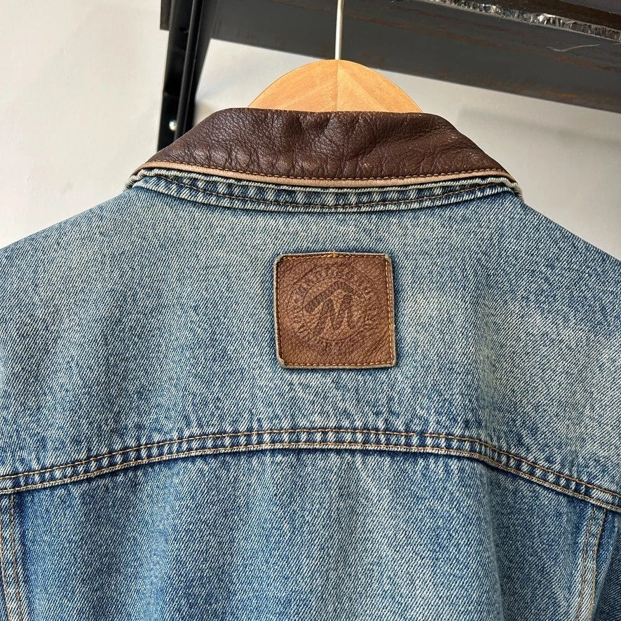 VINTAGE 90s | Marlboro Country Store Sun Faded Denim Trucker Jacket sz L