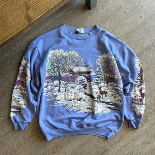 VINTAGE 90s | Winter Nature All Over Print Crew Sweater sz L
