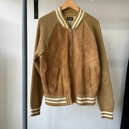 VINTAGE | 1440 Tan Suede Leather Knit Varsity Bomber Jacket sz S/M