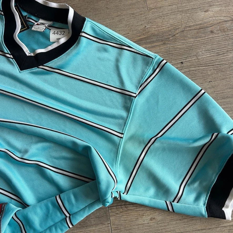 1990s | NIKE Team Sports Striped Teal Blue V-Neck Jersey T-Shirt sz L/XL