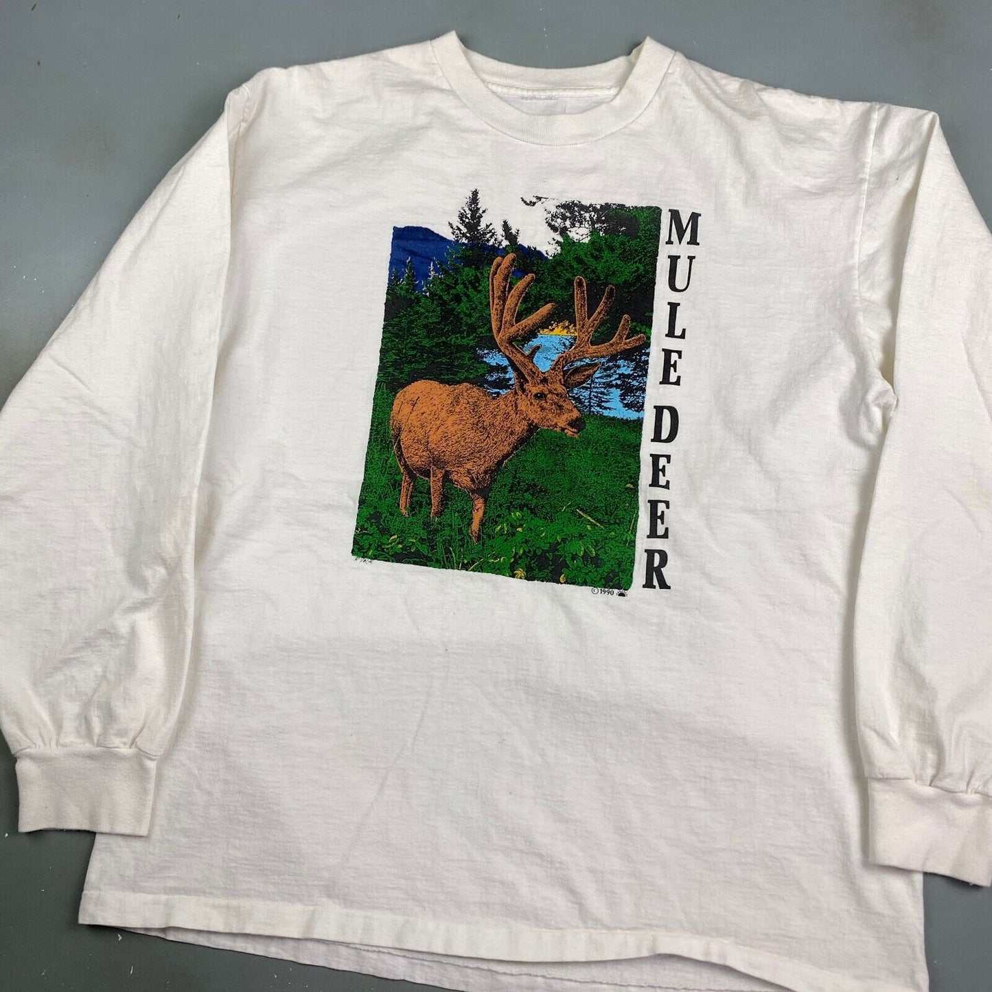 VINTAGE 90s Mule Deer Nature White Long Sleeve T-Shirt sz Large Men Adult