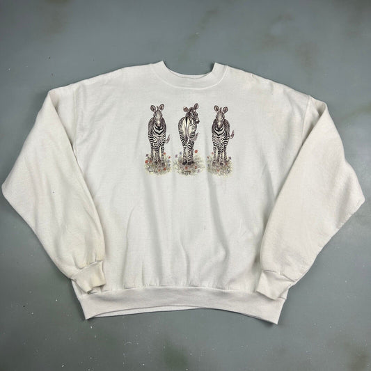 VINTAGE 90s Zebra's Animal White Crewneck Sweater sz XXL Adult