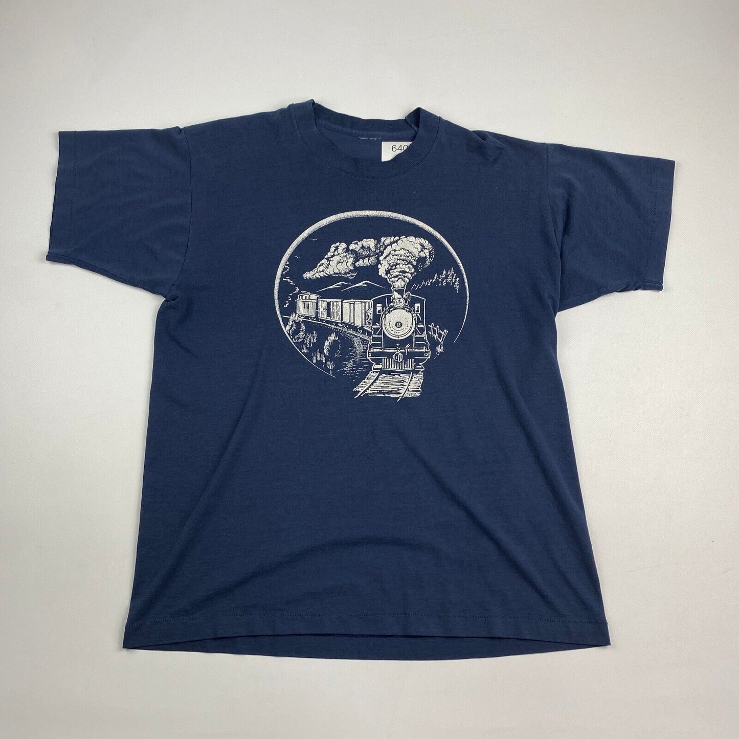 VINTAGE 80s Train Railroad Worker Faded Navy T-Shirt sz Medium Men
