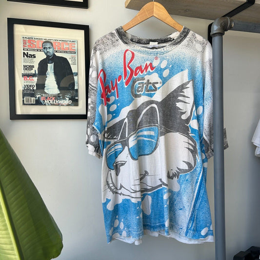 VINTAGE 90s | Ray-Ban Cats All Over Print T-Shirt sz XL