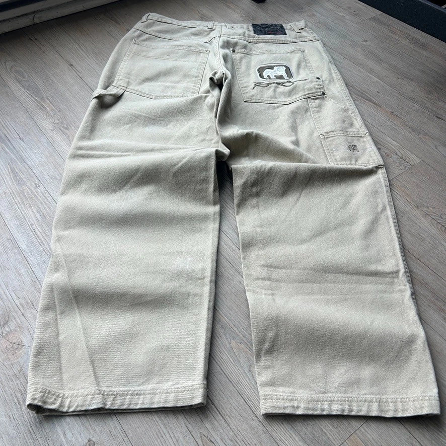 VINTAGE | EXCO Baggy Beige Embroidered Denim Pants sz W36 L32
