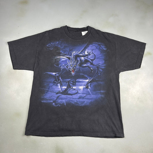 VINTAGE Y2K Purple Dragons Faded Black T-Shirt sz Large Adult