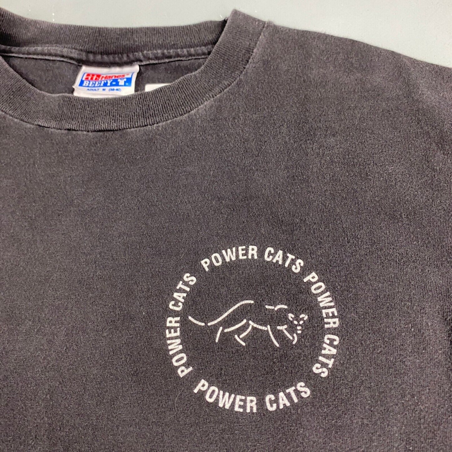 VINTAGE Power Cats Black Distressed Band T-Shirt sz Medium Men Adult