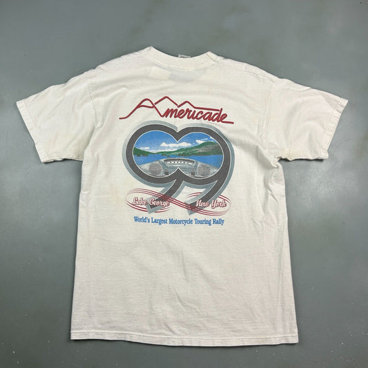 VINTAGE 1999 | Americade Motorcycle Rally White Biker T-Shirt sz L Adult