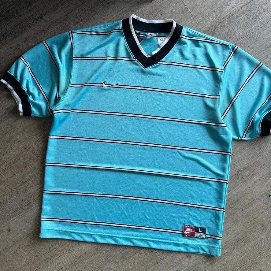 1990s | NIKE Team Sports Striped Teal Blue V-Neck Jersey T-Shirt sz L/XL