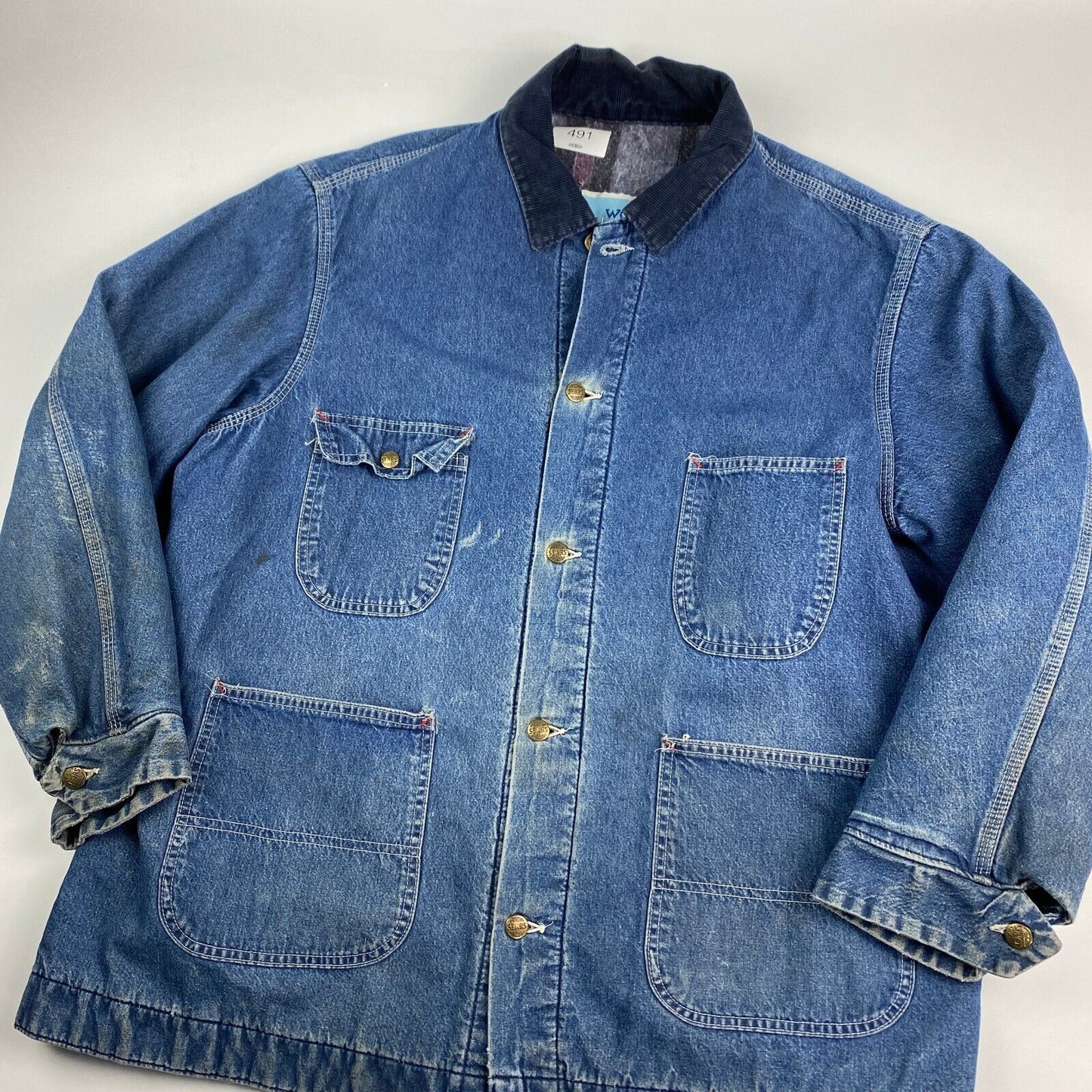VINTAGE Sears Faded Denim Chore Workwear Jacket Lined sz XXL Adult Men