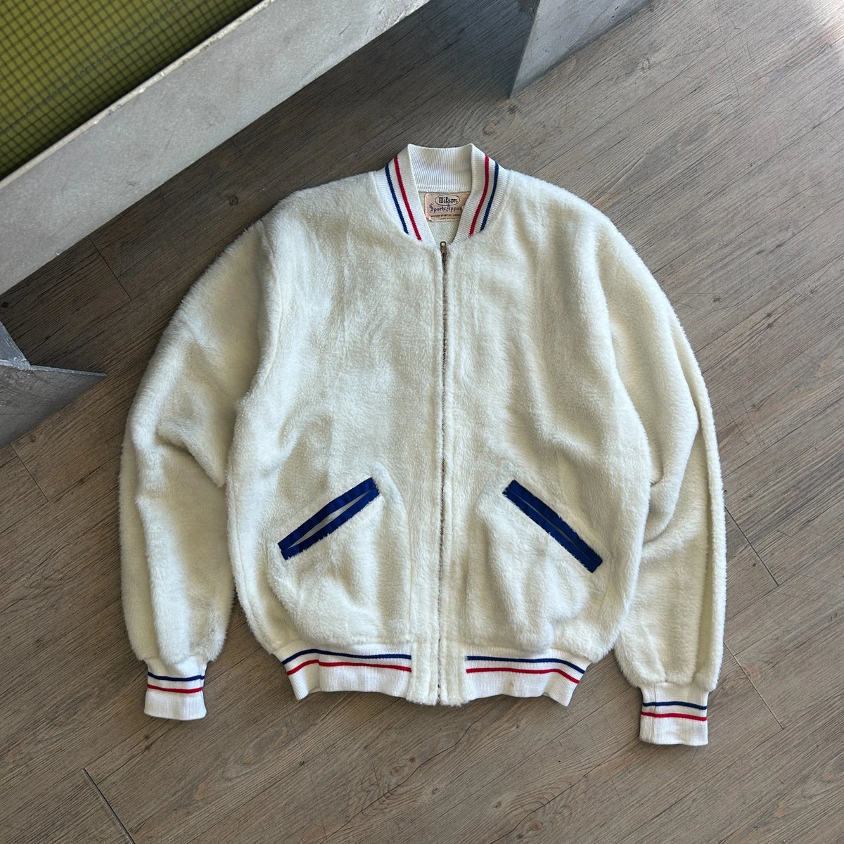 VINTAGE 1960s | Wilson Sports Apparel Cream Fleece Varsity Bomber Jacket sz 40 L