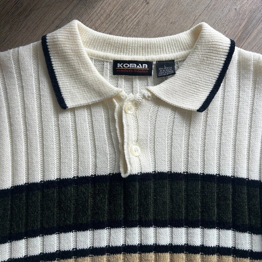 VINTAGE 90s | Koman Striped Ribbed Knit Polo Shirt sz L