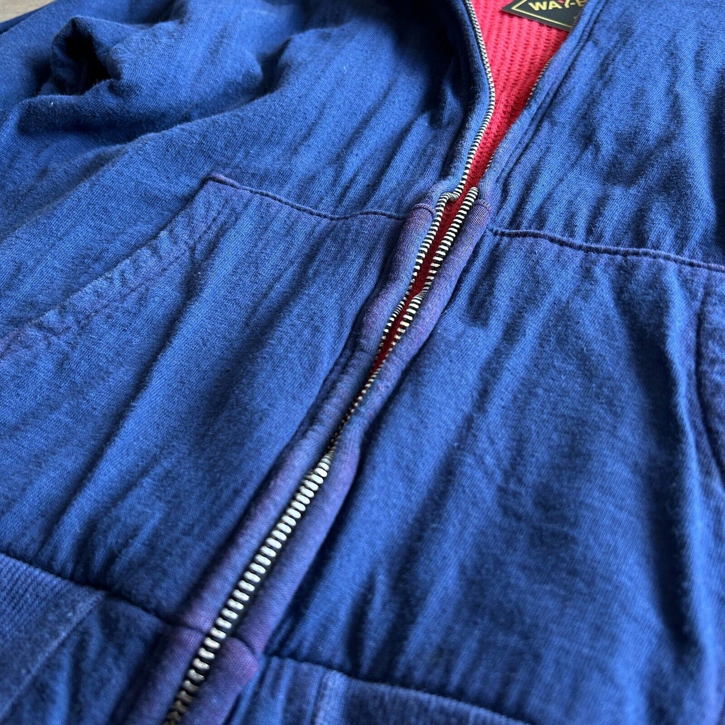 VINTAGE 60s 70s | Blank Red Thermal Lined Navy Zip Up Hoodie Sweater sz S Adult