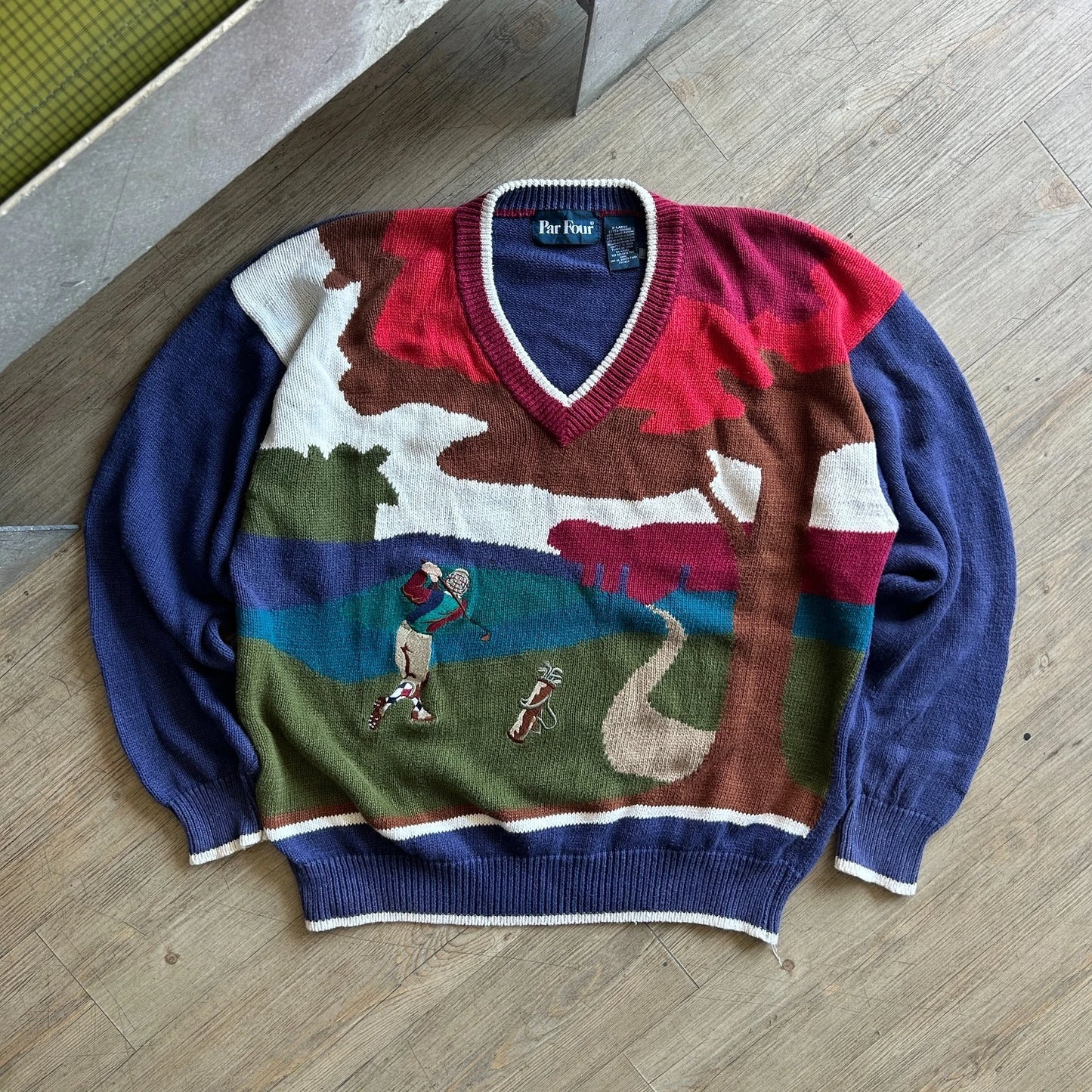 PAR FOUR | GOLF Shot Embroidered Artwork Vintage V-Neck Knit Sweater sz XL