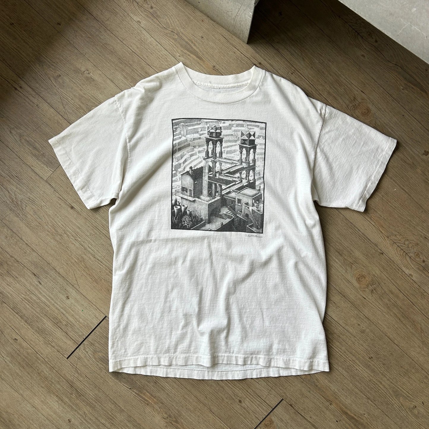 VINTAGE 1991 | M.C. Escher Waterfall Lithograph Artwork T-Shirt sz L