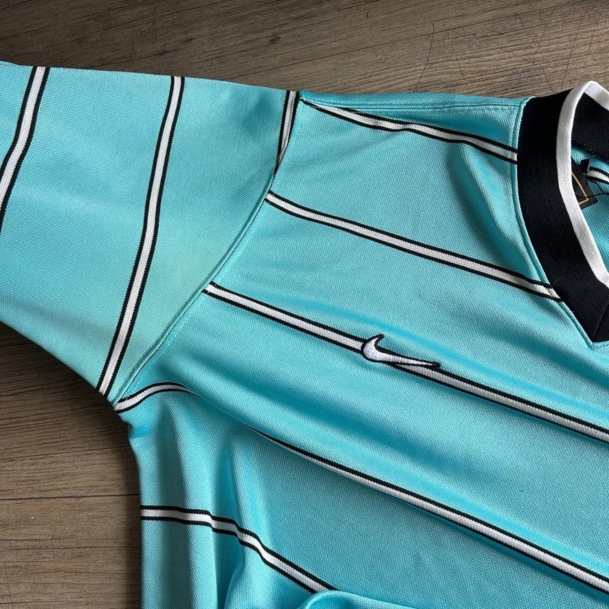 1990s | NIKE Team Sports Striped Teal Blue V-Neck Jersey T-Shirt sz L/XL