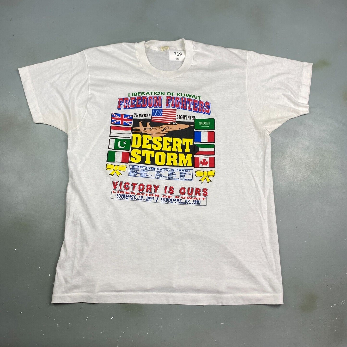 VINTAGE 90s Freedom Fighters Desert Storm White T-Shirt sz XL Men Adult