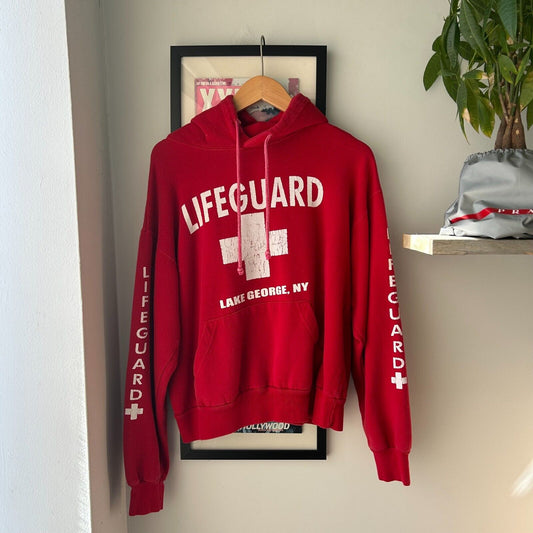 VINTAGE 90s Lake George New York Life Guard Red Hoodie Sweater sz M Mens