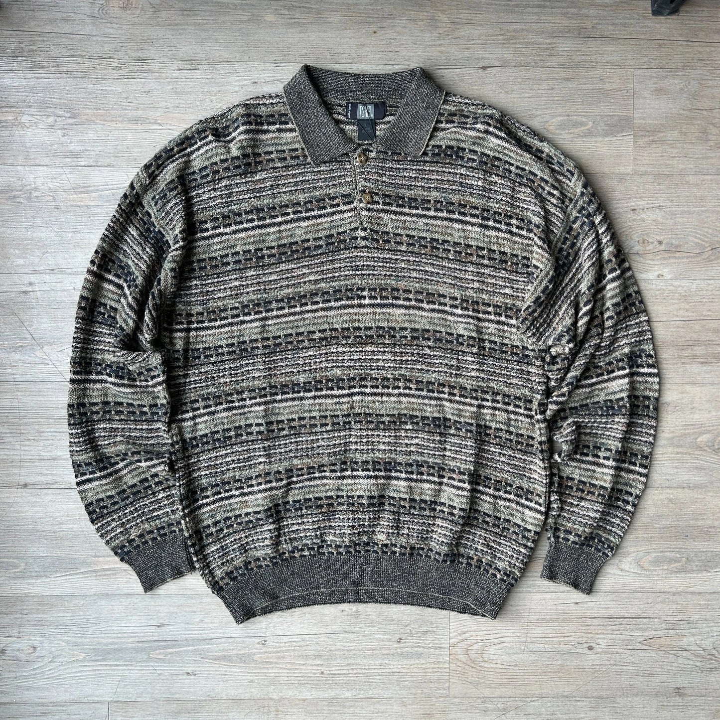 VINTAGE | 3D Textured Earthtone Collared Knit Sweater sz L