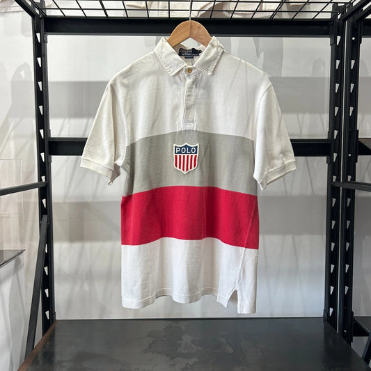 VINTAGE 90s | Polo by Ralph Lauren K-Swiss Crest Stadium Striped Polo Shirt sz M