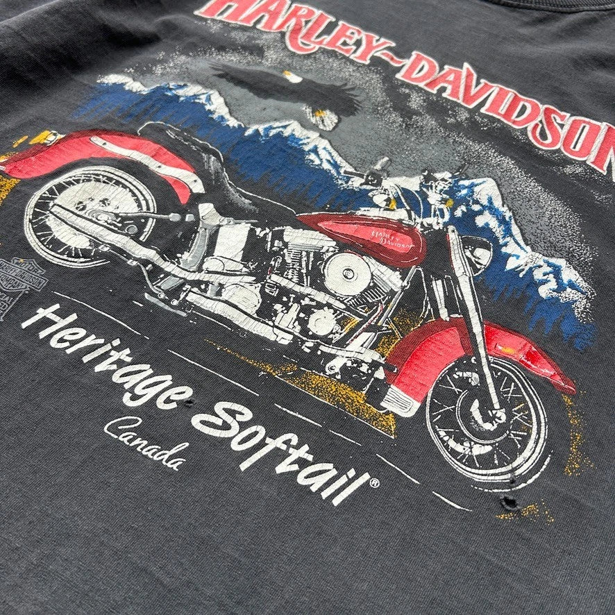 VINTAGE 90s | Harley Davidson Heritage Softail Canada Faded Biker T-Shirt sz M/L