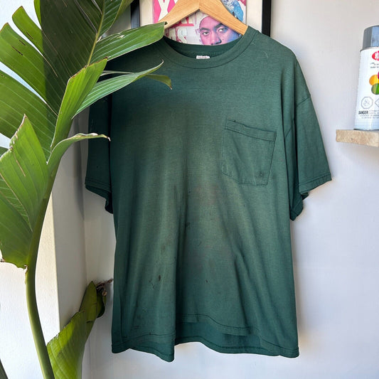 VINTAGE 90s | Fruit Of The Loom 50/50 Faded Green Blank Distressed T-Shirt sz L