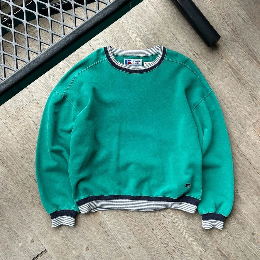 VINTAGE 90s | Russell Athletic Blank Teal Ringer Crewneck Sweater sz XL