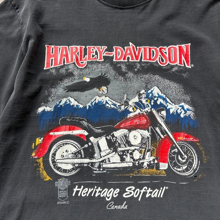 VINTAGE 90s | Harley Davidson Heritage Softail Canada Faded Biker T-Shirt sz M/L
