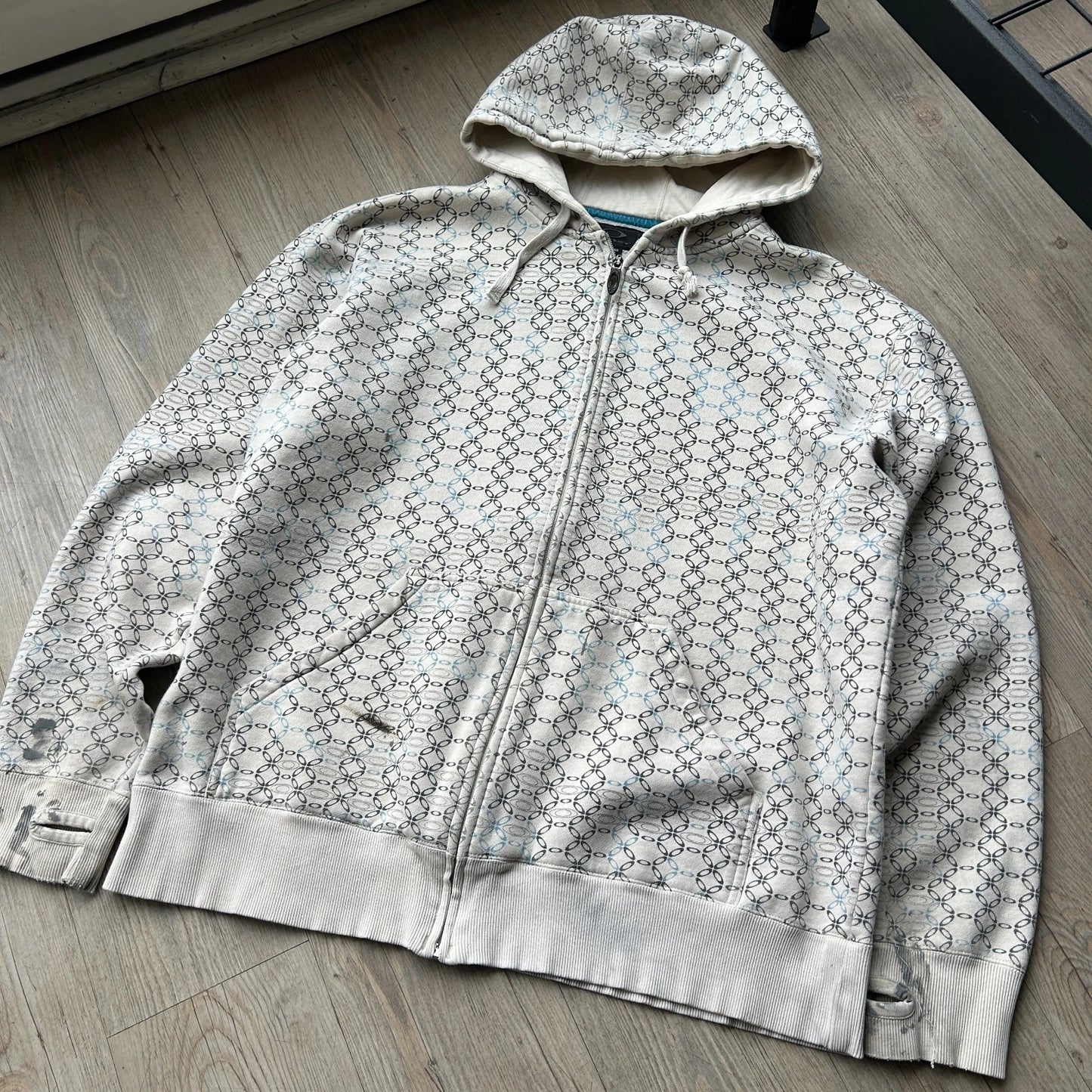 OAKLEY | Geometric Logo Thrashed Zip Up Hoodie Sweater sz XL