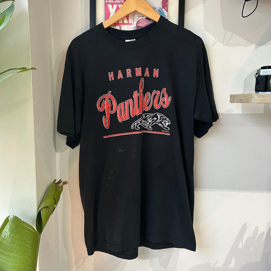 VINTAGE 90s | Harman Panthers Black Logo T-Shirt sz L Adult