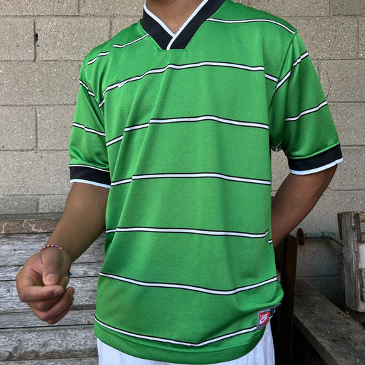 1990s | NIKE Team Sports Striped Green V-Neck Jersey T-Shirt sz L/XL