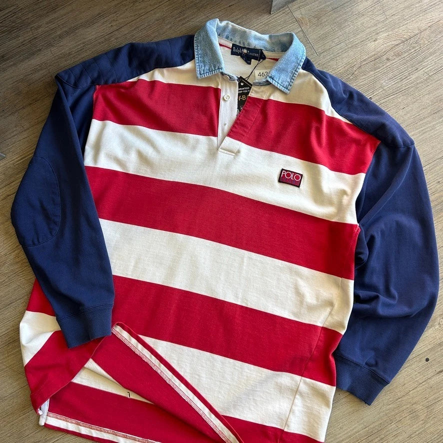 VINTAGE 90s | Ralph Lauren USA Flag Hi-Tech Striped Rugby Polo Sport Shirt sz L