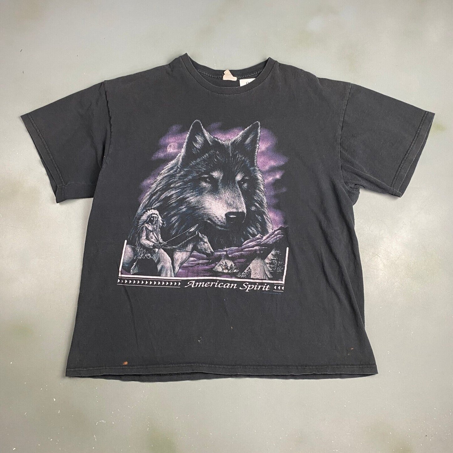 VINTAGE 90s American Spirit Wolf Native Nature Print Black T-Shirt sz XL Men