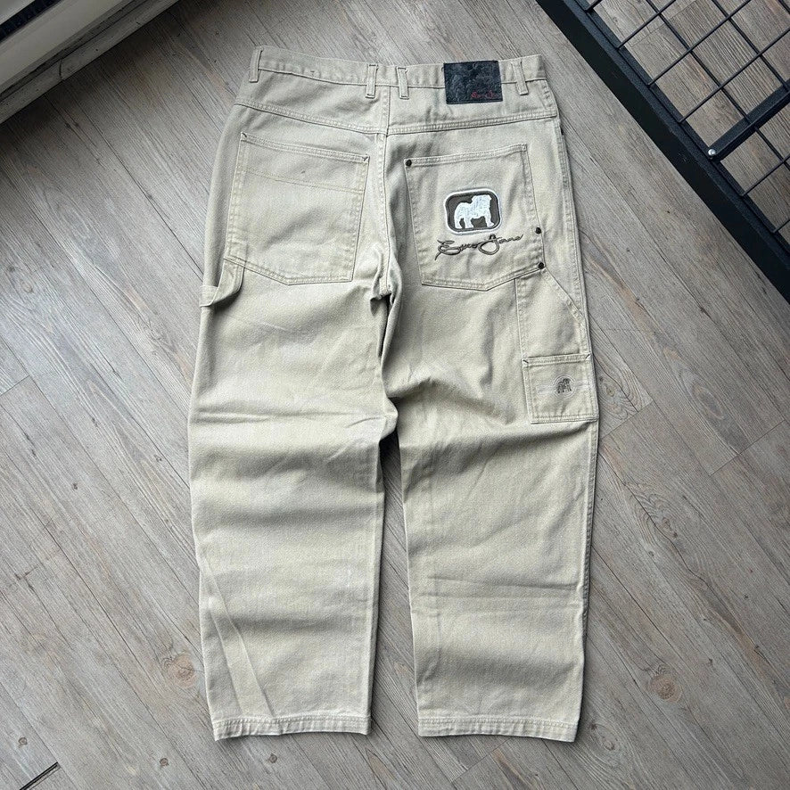 VINTAGE | EXCO Baggy Beige Embroidered Denim Pants sz W36 L32