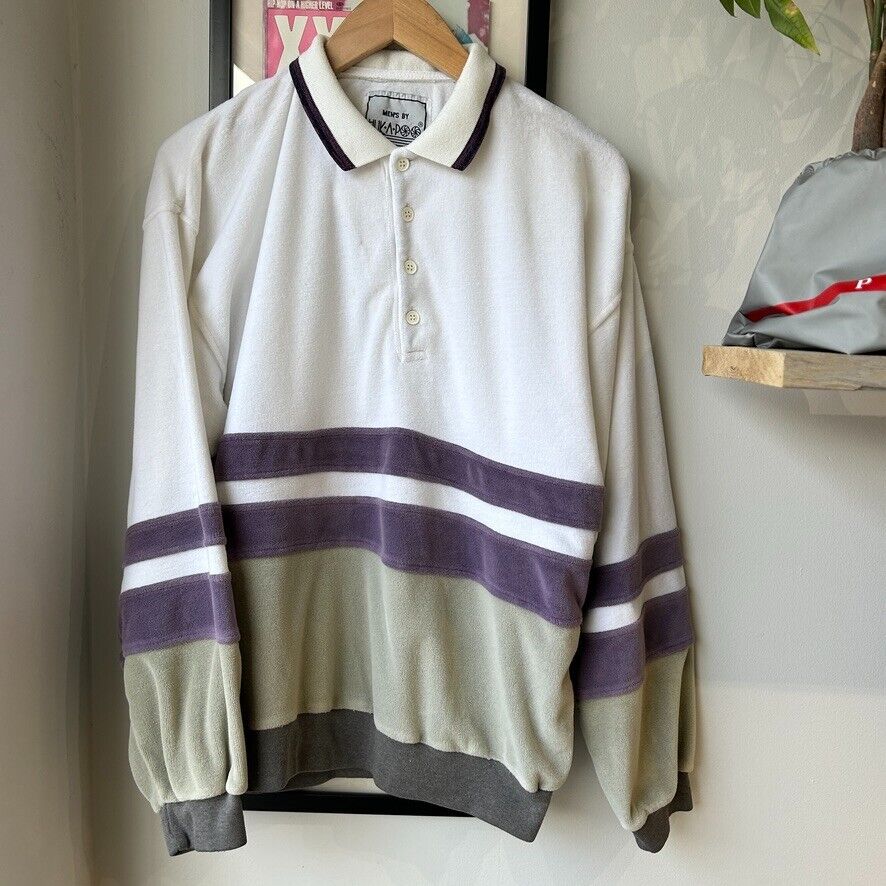 VINTAGE 90s | Velour Striped Collared Polo Crew Sweater sz M