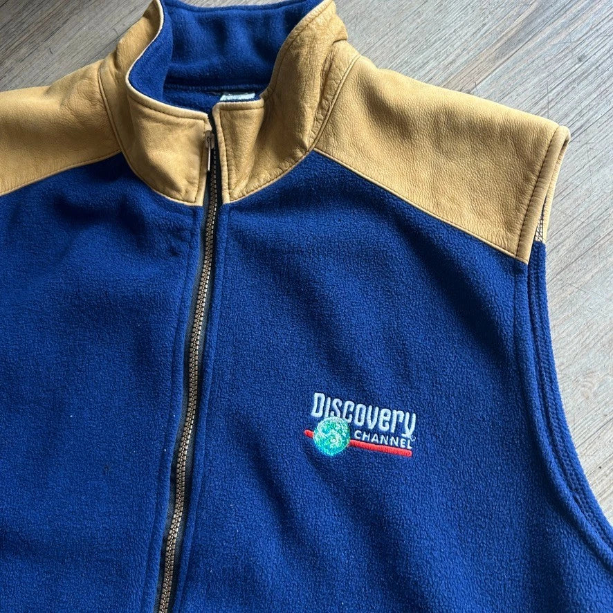VINTAGE | Discovery Channel Leather Western Yoke Fleece Vest Jacket sz L/XL
