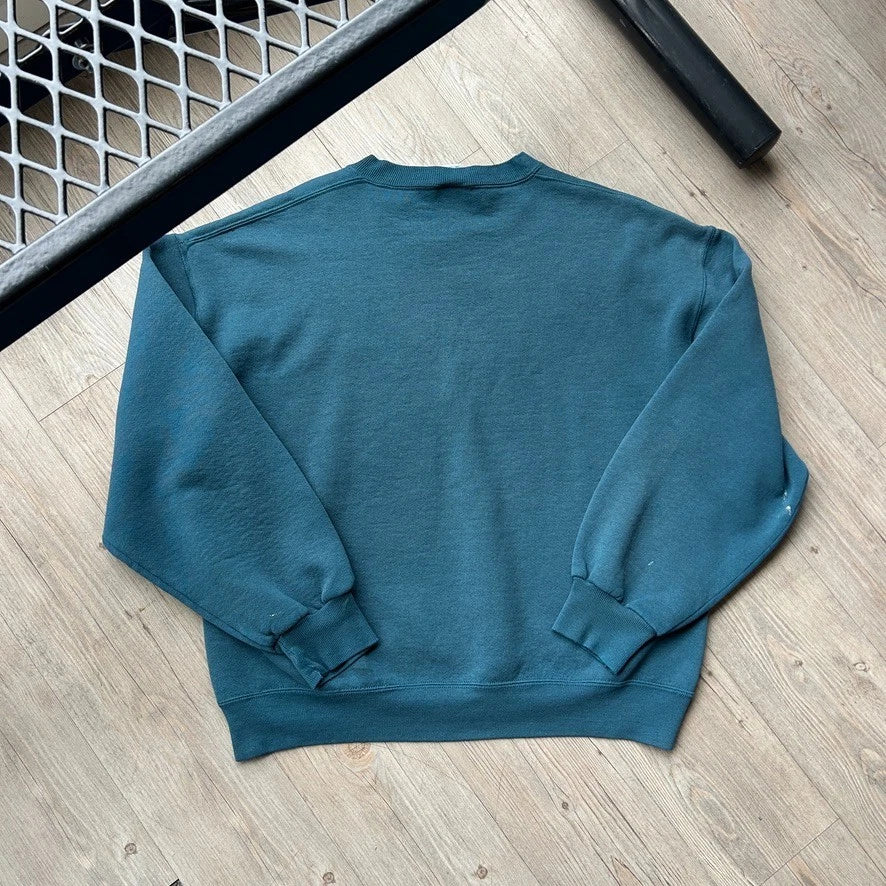 VINTAGE 90s | Russell Athletic Faded Blank Teal Blue Crewneck Sweater sz L