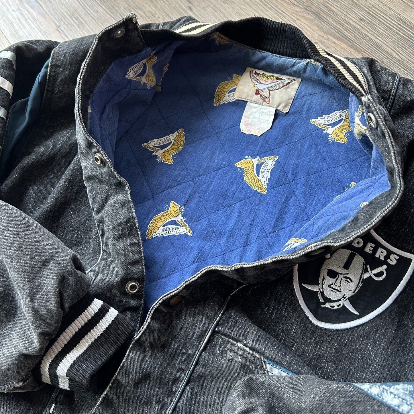 VINTAGE 90s | Oakland RAIDERS NFL Street Legends Black Denim Bomber Jacket sz XL
