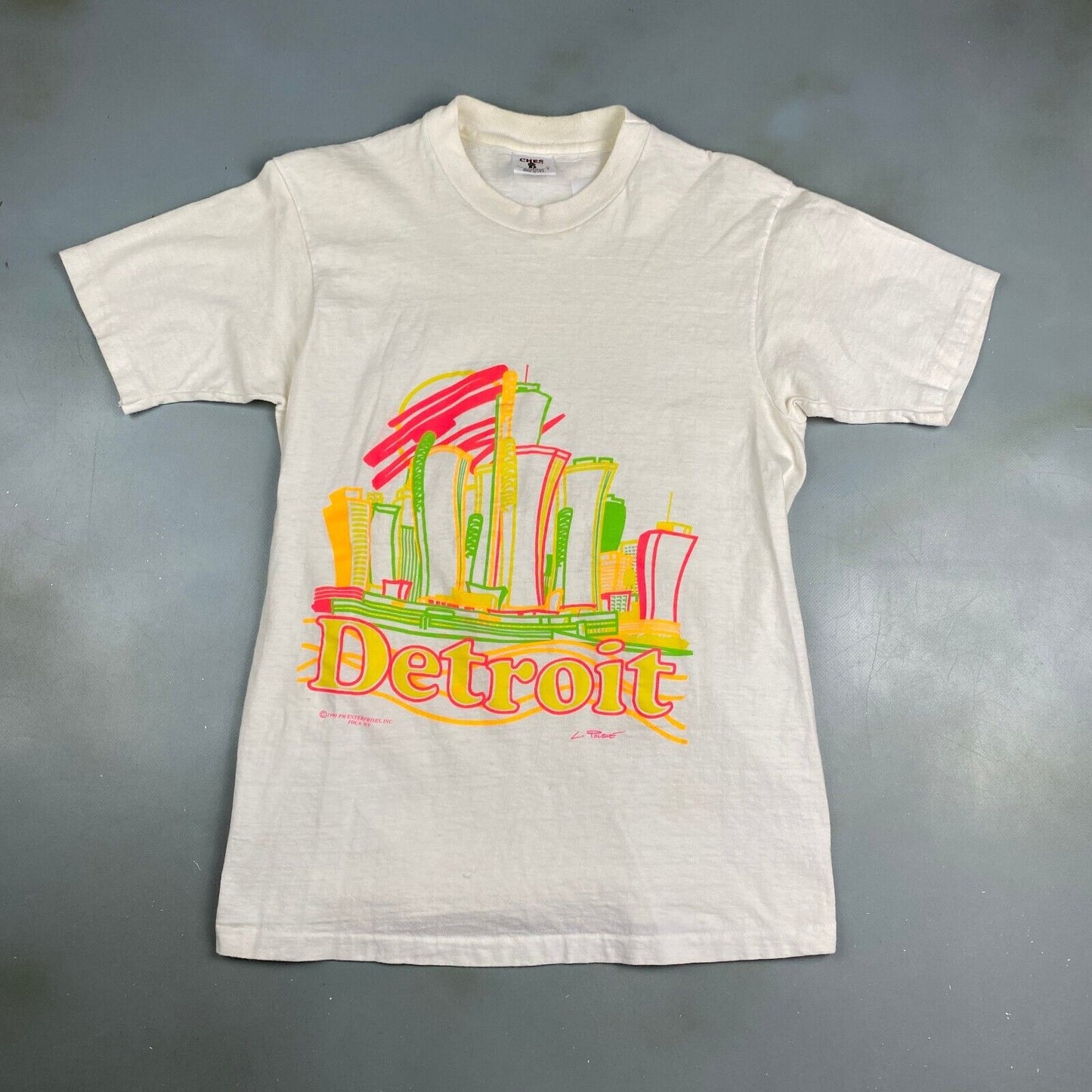 VINTAGE 90s Detroit Illustration White T-Shirt sz Small Men Adult