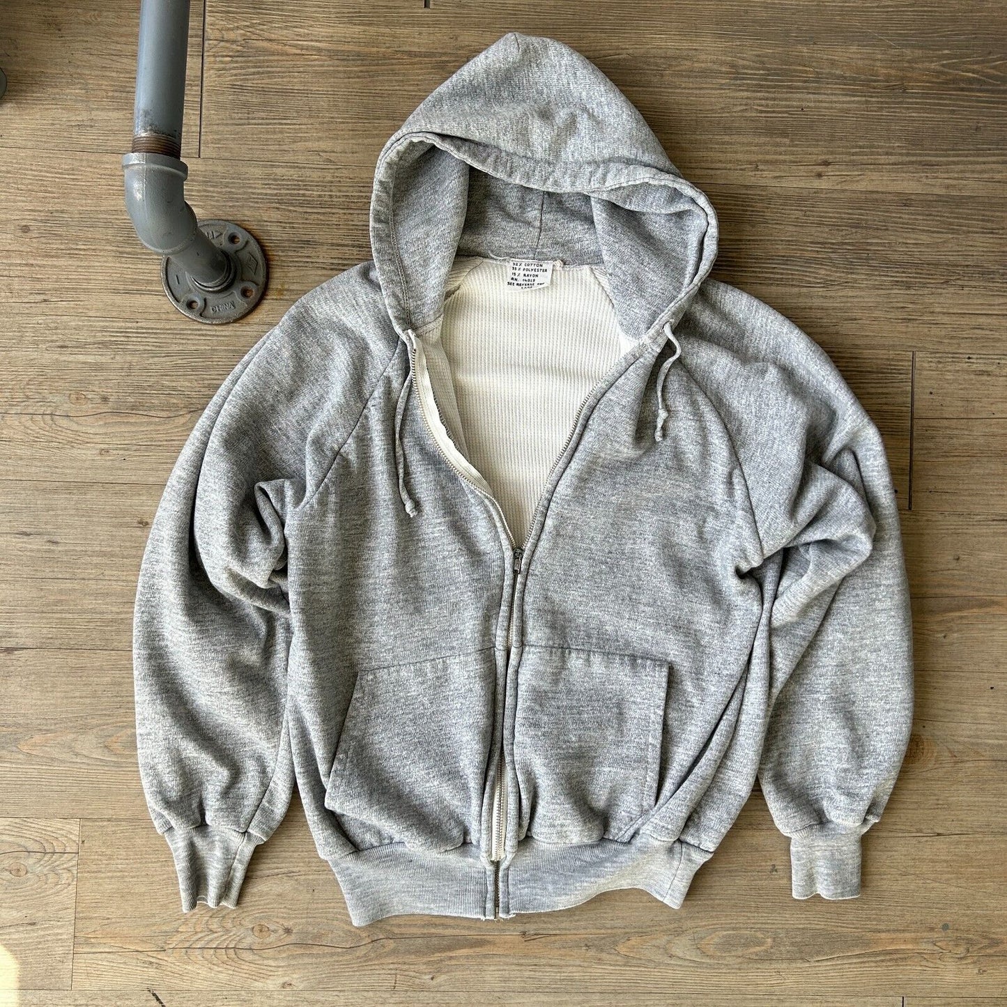 VINTAGE 70s 80s | Blank Grey Zip Up Hoodie Thermal Lined Sweater sz S