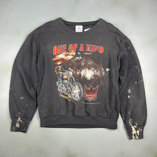 VINTAGE 90s | One Of A Kind American BIKER 3D Emblem Crewneck Sweater sz L Adult