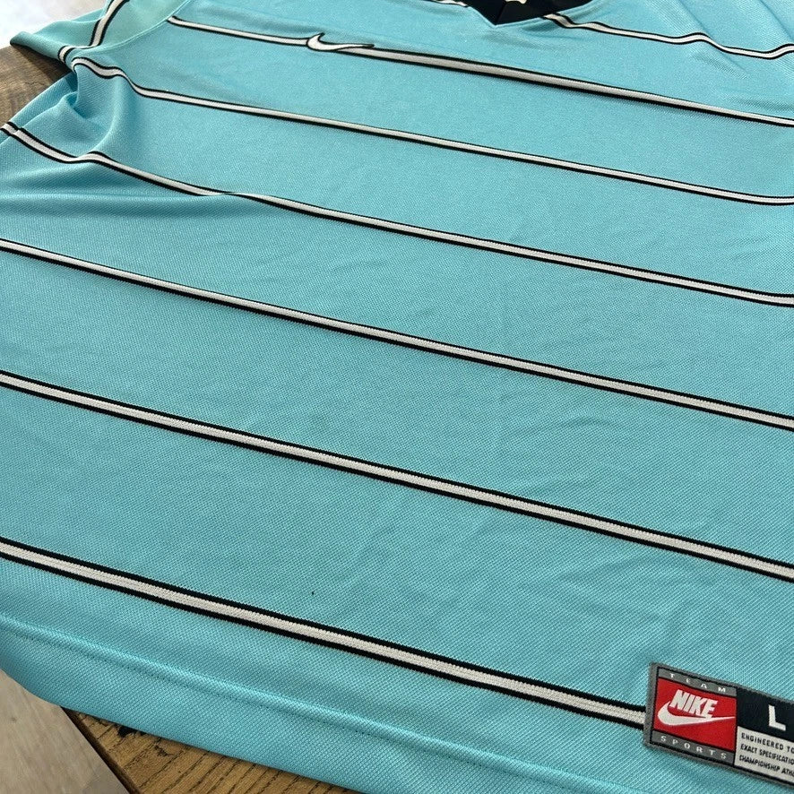 1990s | NIKE Team Sports Striped Teal Blue V-Neck Jersey T-Shirt sz L/XL