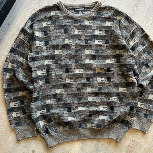 VINTAGE 90s | Serafini Earth Tone 3D Check Pattern Knit Sweater sz L
