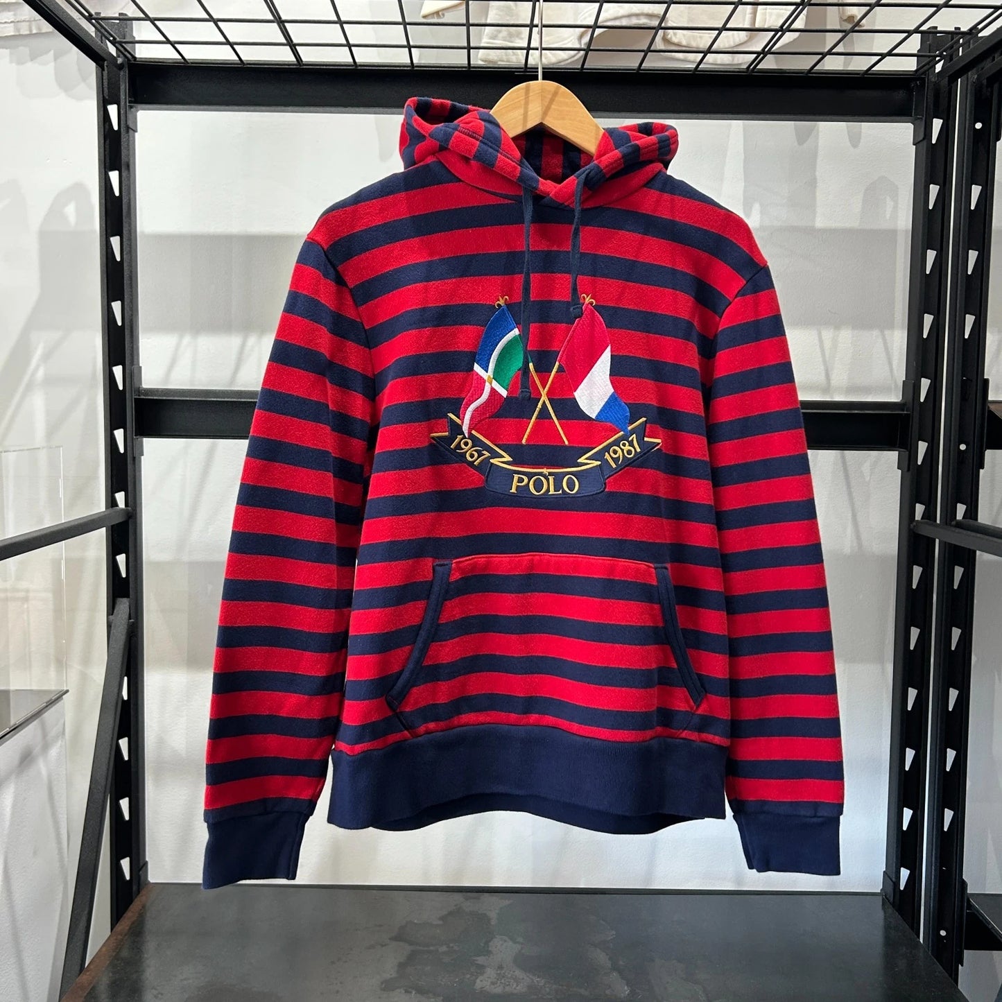 POLO Ralph Lauren Cross Flags Striped Hoodie Sweater sz M