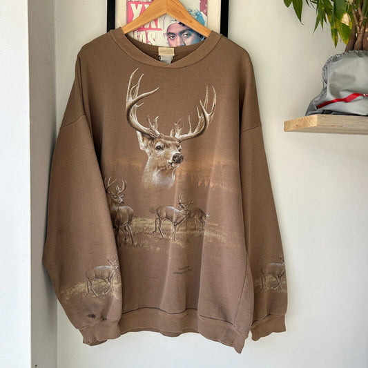 VINTAGE 90s | Deer All Over Nature Print Faded Brown Sweater sz XXL